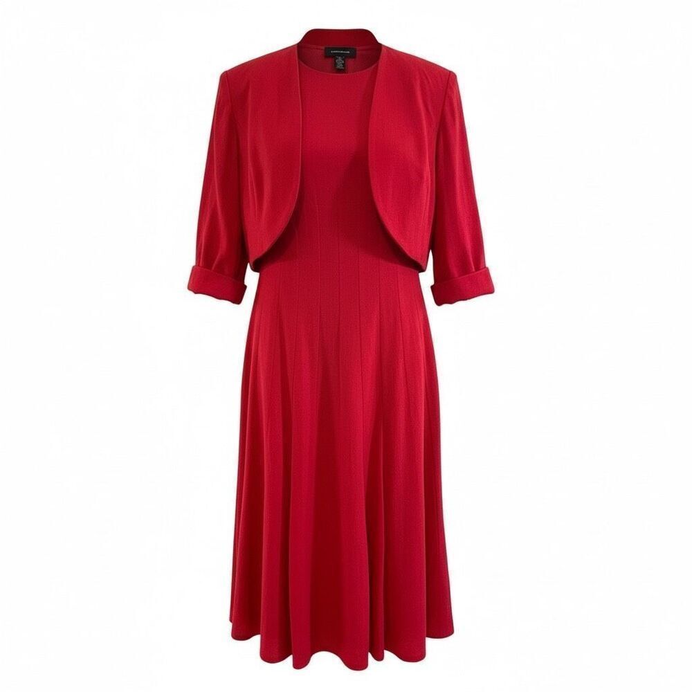 R&M Richards 2-Piece Linen Blend Dress & Cropped Jacket Set Red Size 14